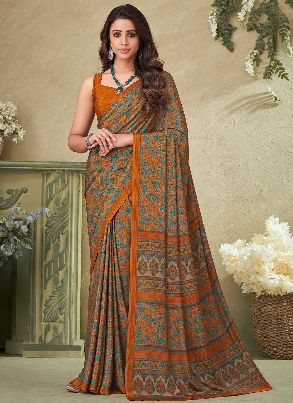 Contemporary Crepe Silk Rust Print Saree