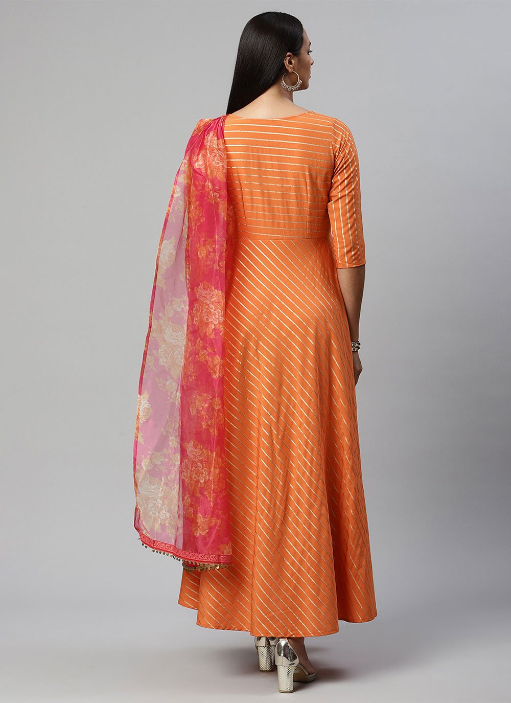 Floor Length Kurti Crepe Silk Orange Strips Print Kurtis
