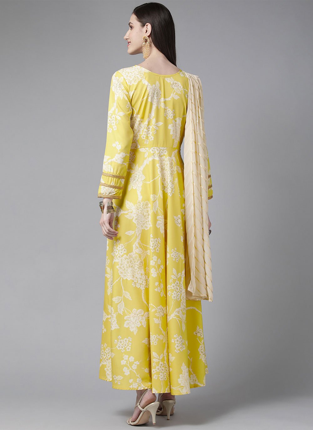 Floor Length Kurti Crepe Silk Yellow Digital Print Kurtis