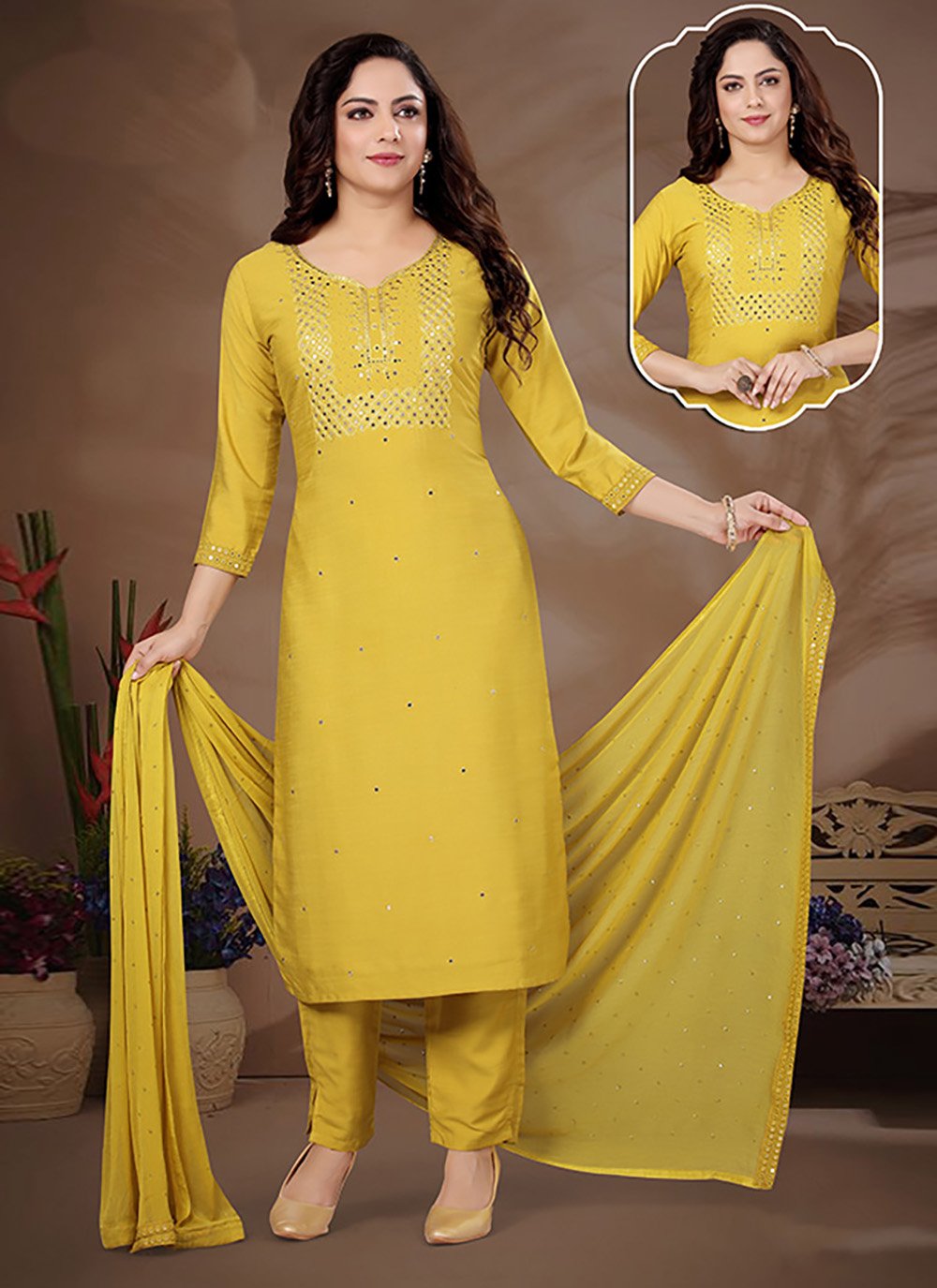 Salwar Suit Silk Yellow Crystals Salwar Kameez