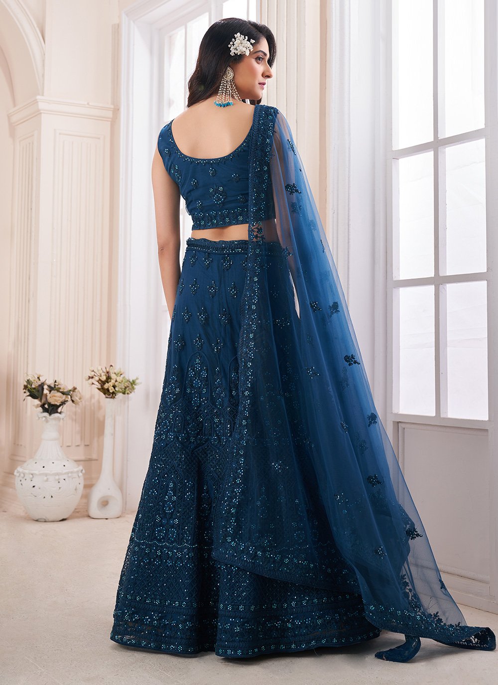 A Line Lehenga Net Teal Dori Work Lehenga Choli