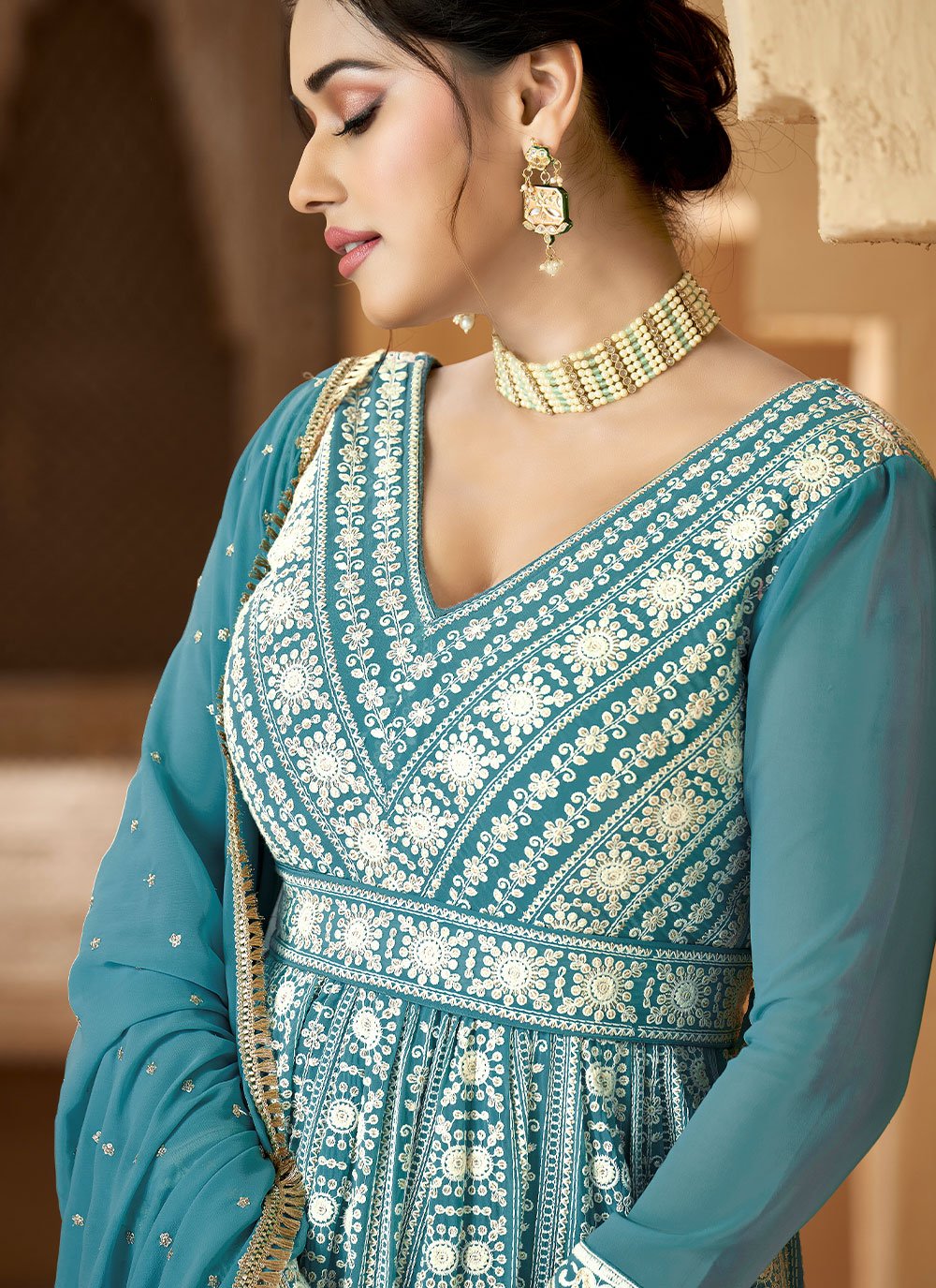 Designer Gown Georgette Aqua Blue Embroidered Gown