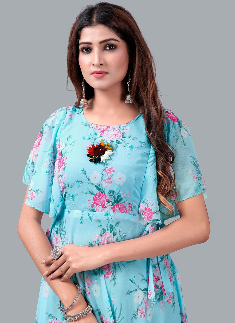 Designer Gown Georgette Aqua Blue Print Gown