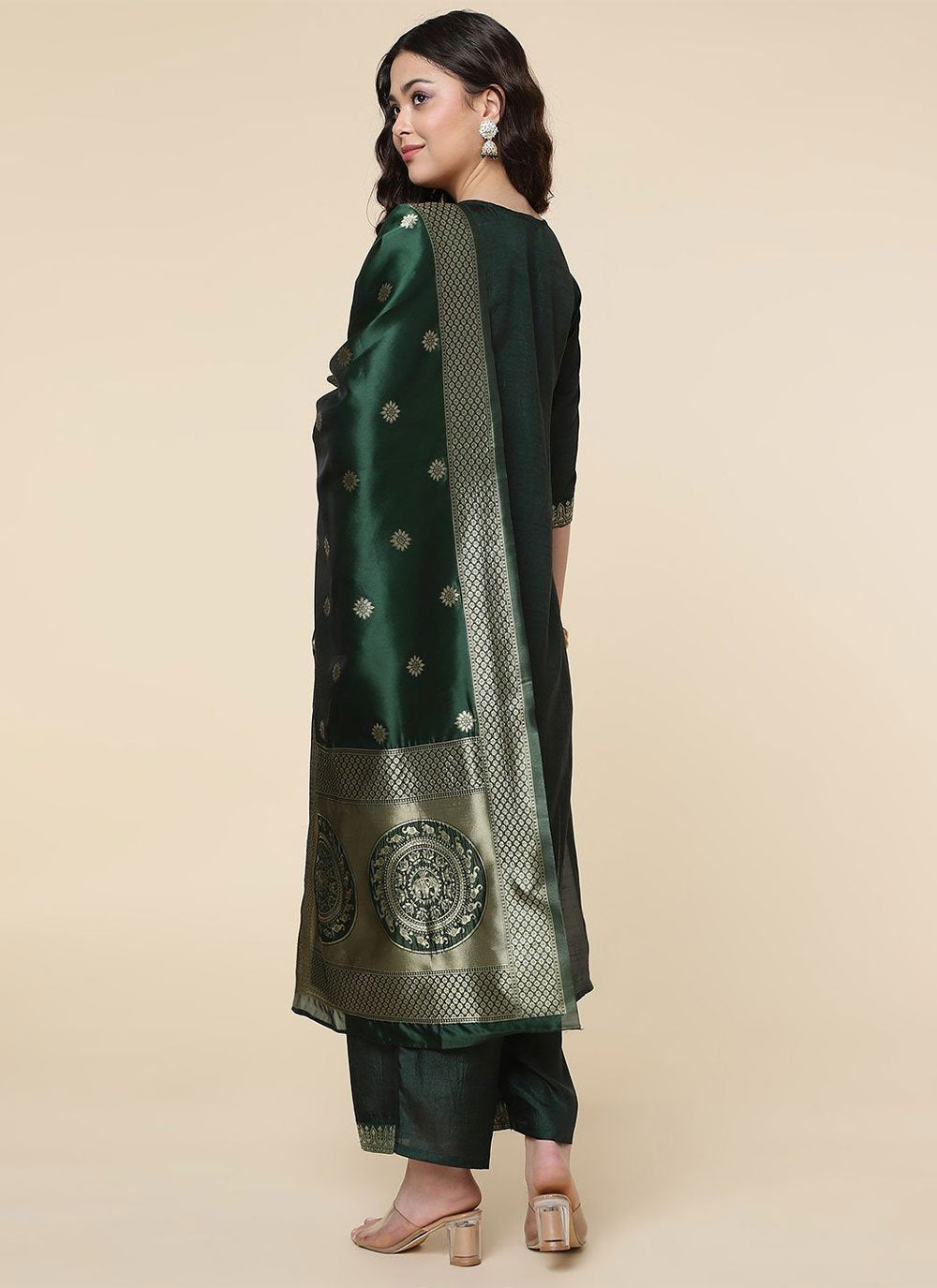 Designer Palazzo Salwar Suit Silk Green Woven Salwar Kameez