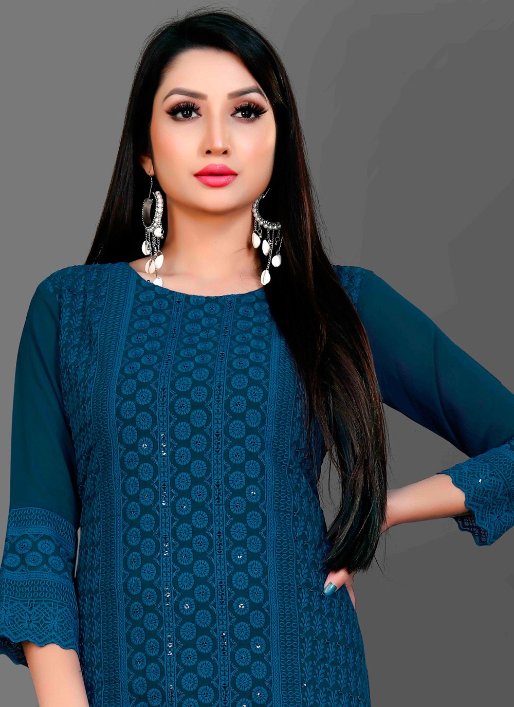 Designer Kurti Chiffon Georgette Blue Embroidered Kurtis