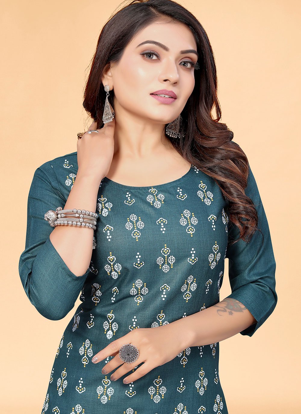 Designer Kurti Cotton Teal Print Kurtis