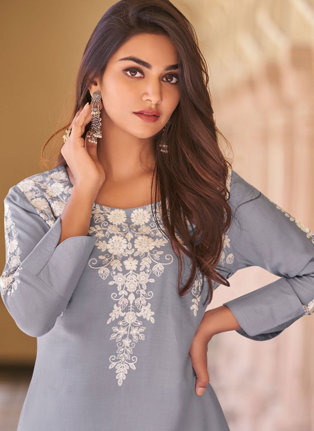 Designer Kurti Rayon Grey Embroidered Kurtis