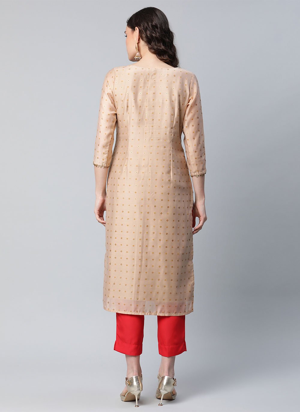 Designer Kurti Chanderi Beige Foil Print Kurtis