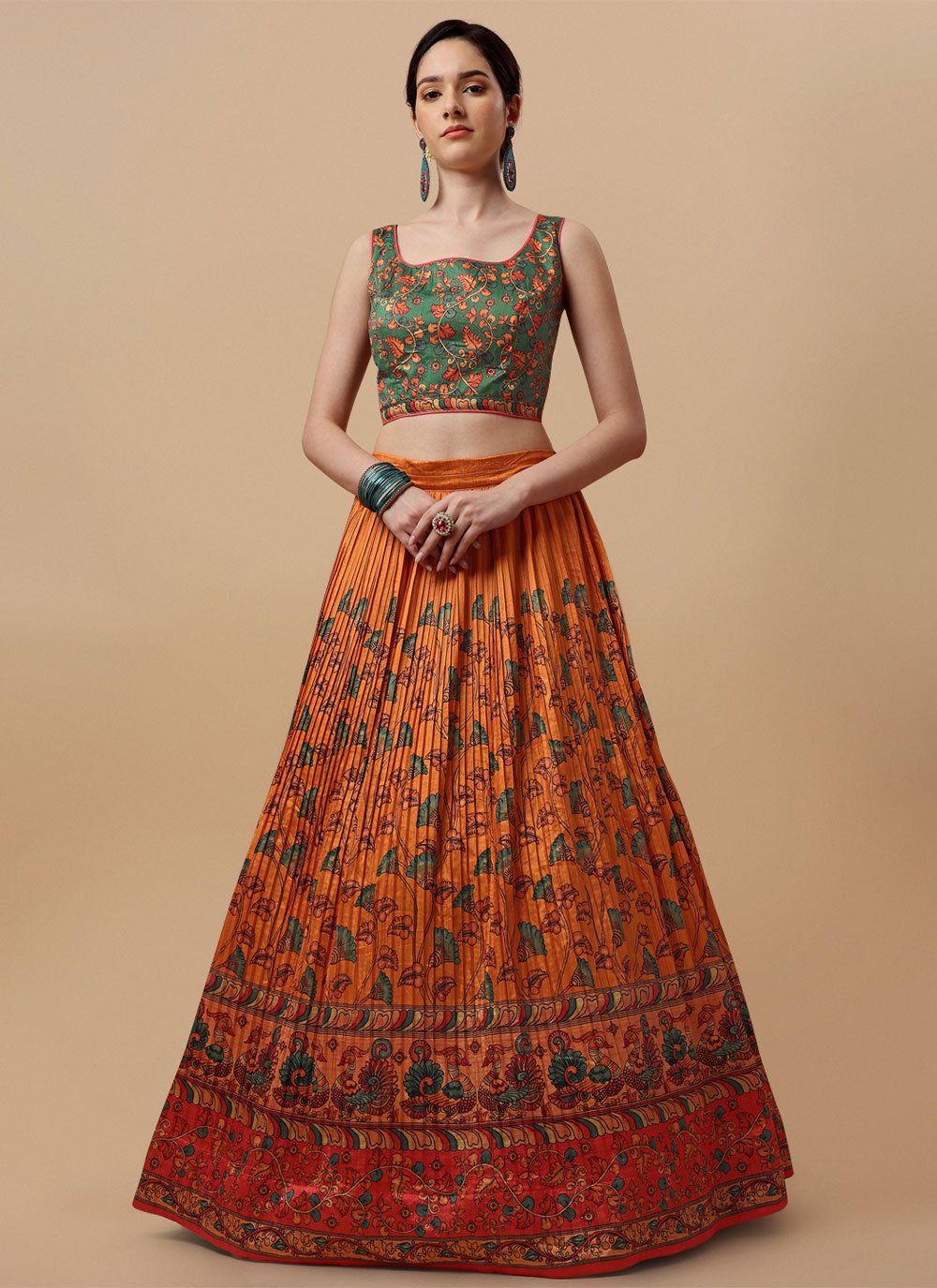 Lehenga Choli Silk Orange Digital Print Lehenga Choli