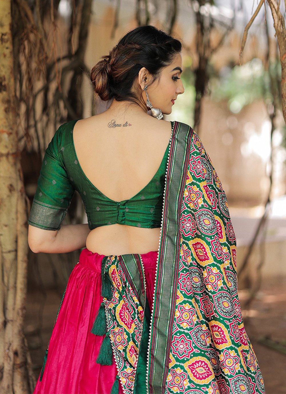 Lehenga Choli Silk Green Pink Foil Print Lehenga Choli
