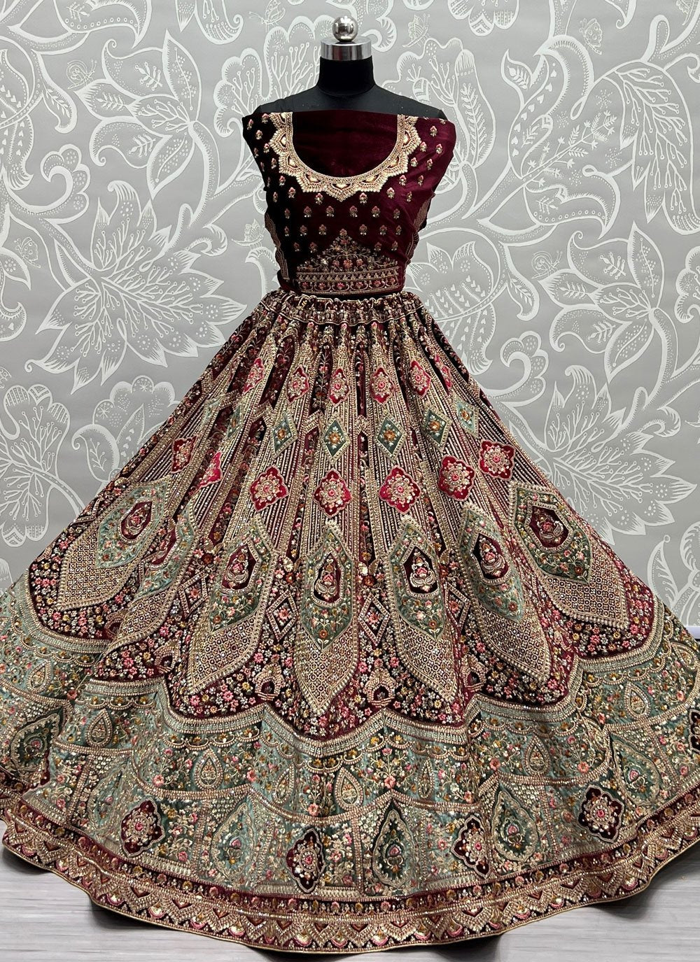A Line Lehenga Velvet Wine Diamond Lehenga Choli
