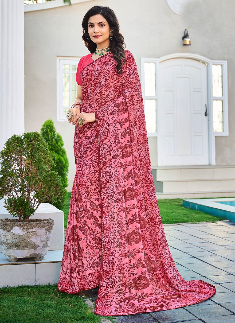 Classic Designer Georgette Pink Fancy Work Saree