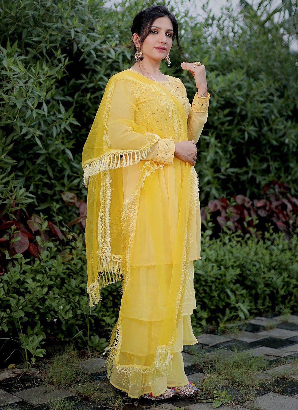 Salwar Suit Faux Georgette Yellow Embroidered Salwar Kameez