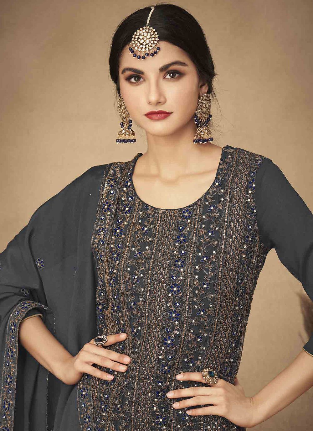Salwar Suit Chinon Grey Embroidered Salwar Kameez