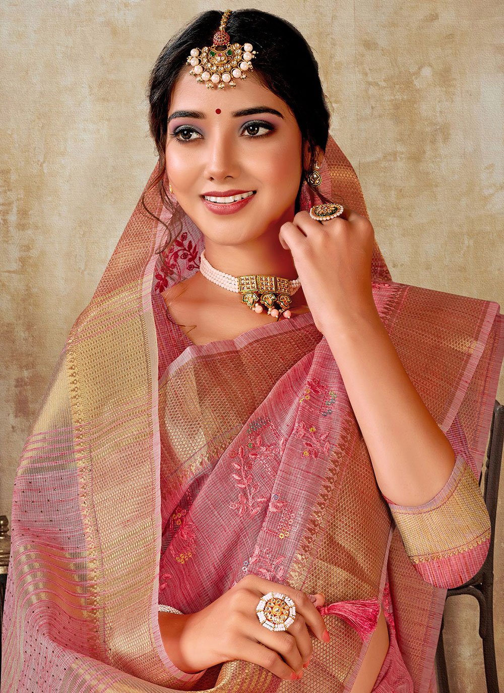 Designer Linen Tissue Pink Embroidered Saree