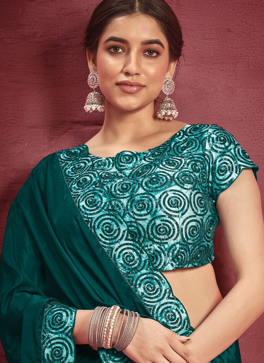 Designer Faux Crepe Georgette Green Patch Border Saree