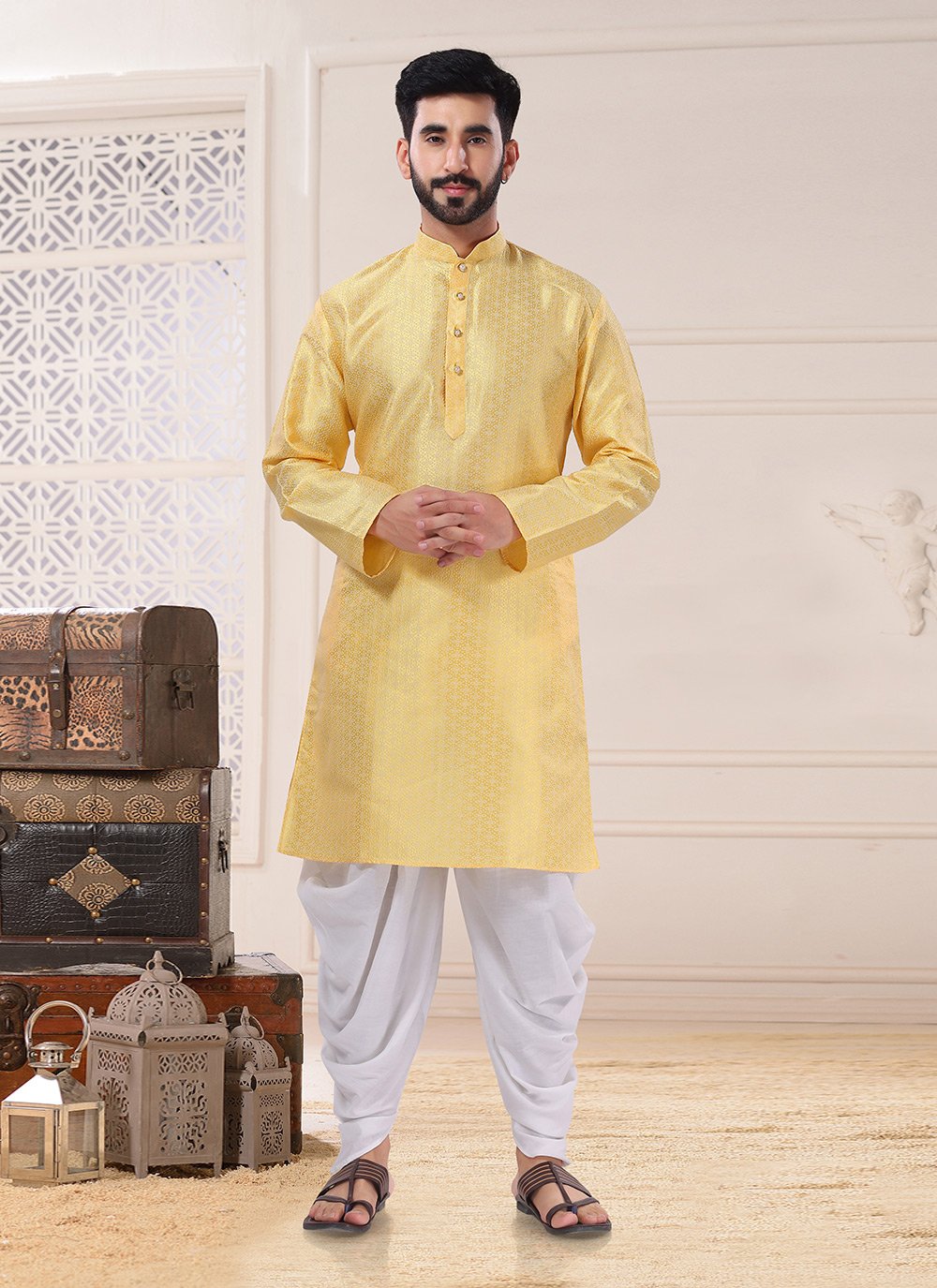 Dhoti Kurta Jacquard Yellow Embroidered Mens