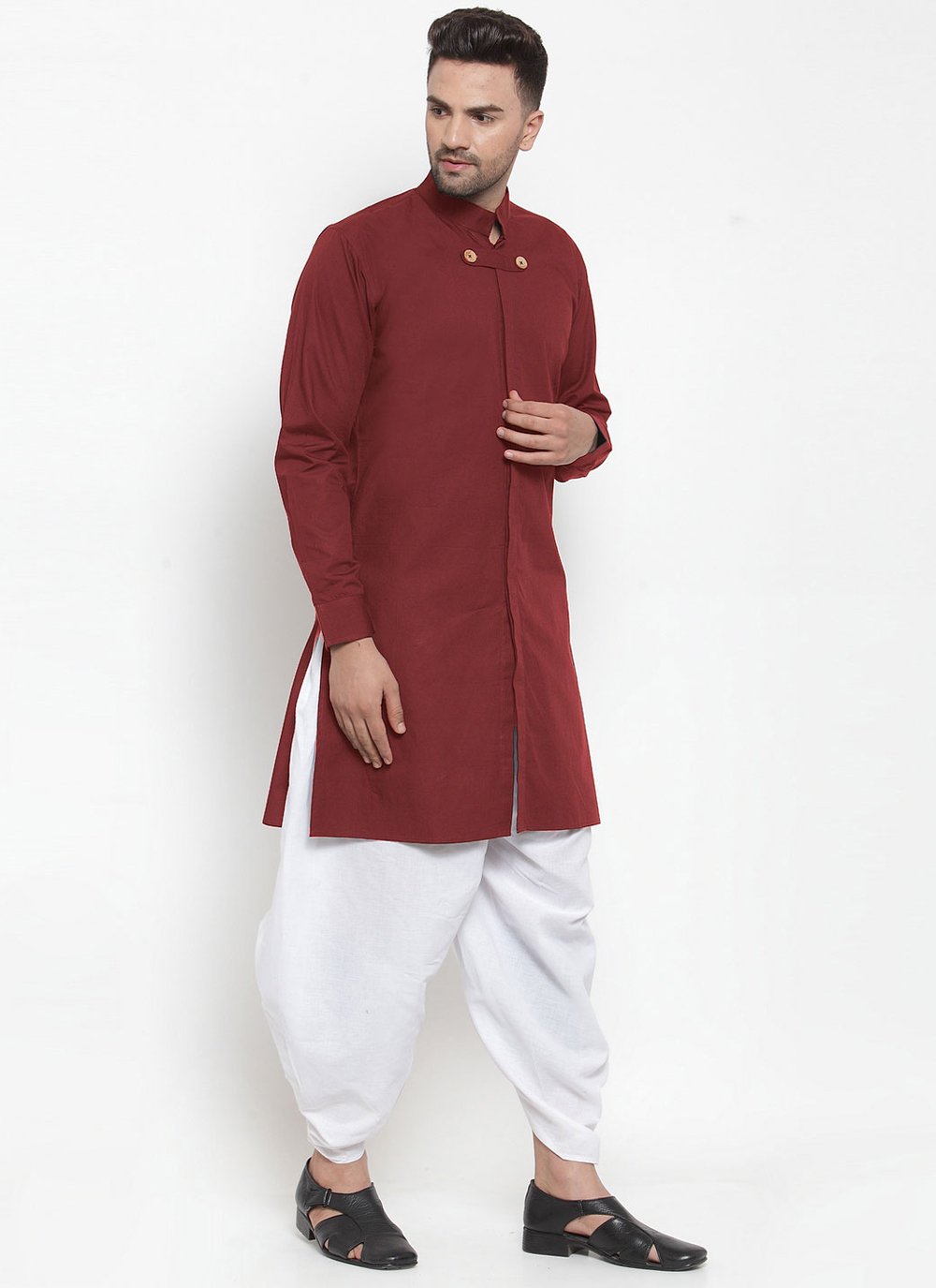 Dhoti Kurta Blended Cotton Maroon Plain Mens
