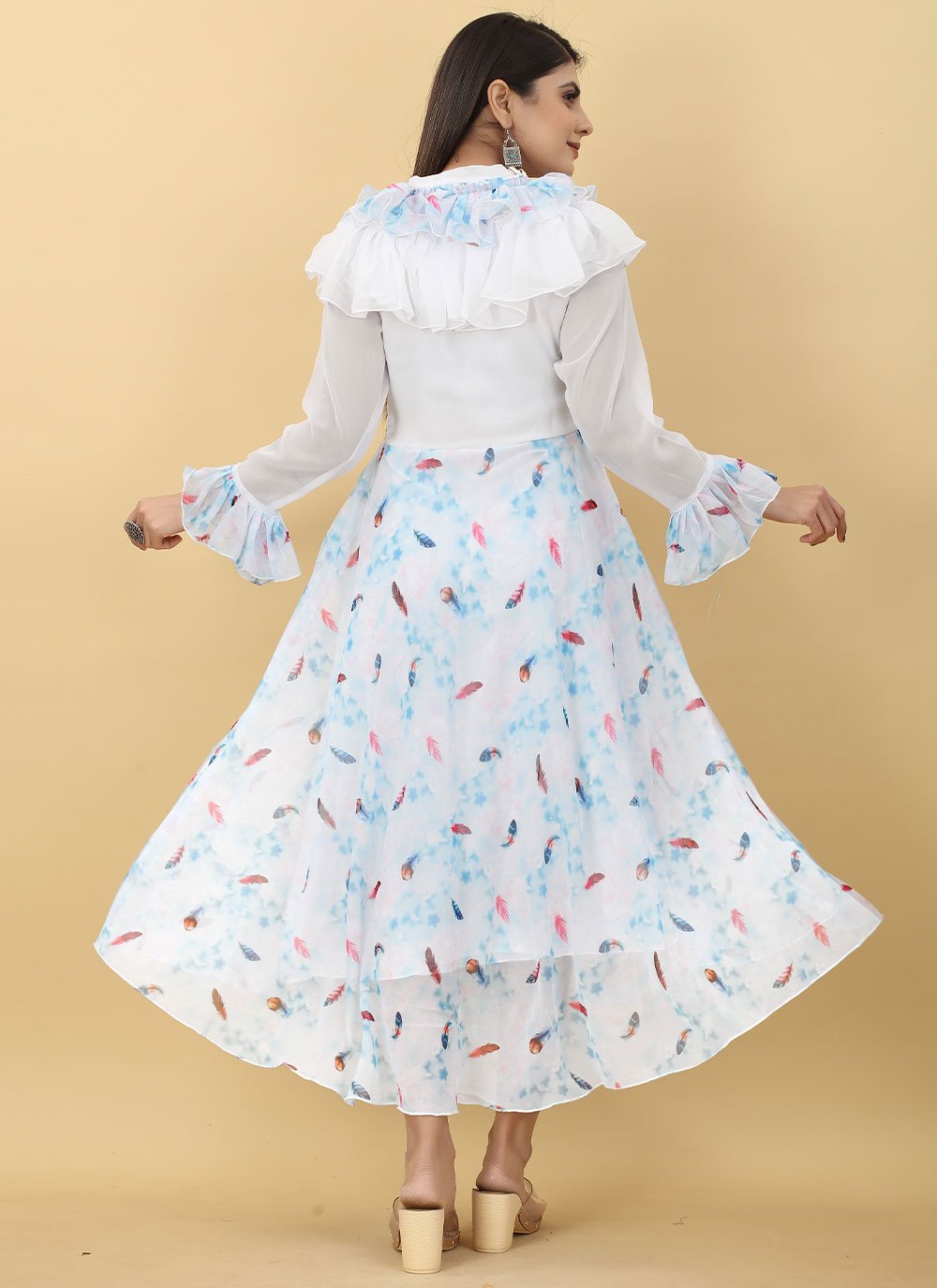 Gown Georgette Aqua Blue White Digital Print Gown