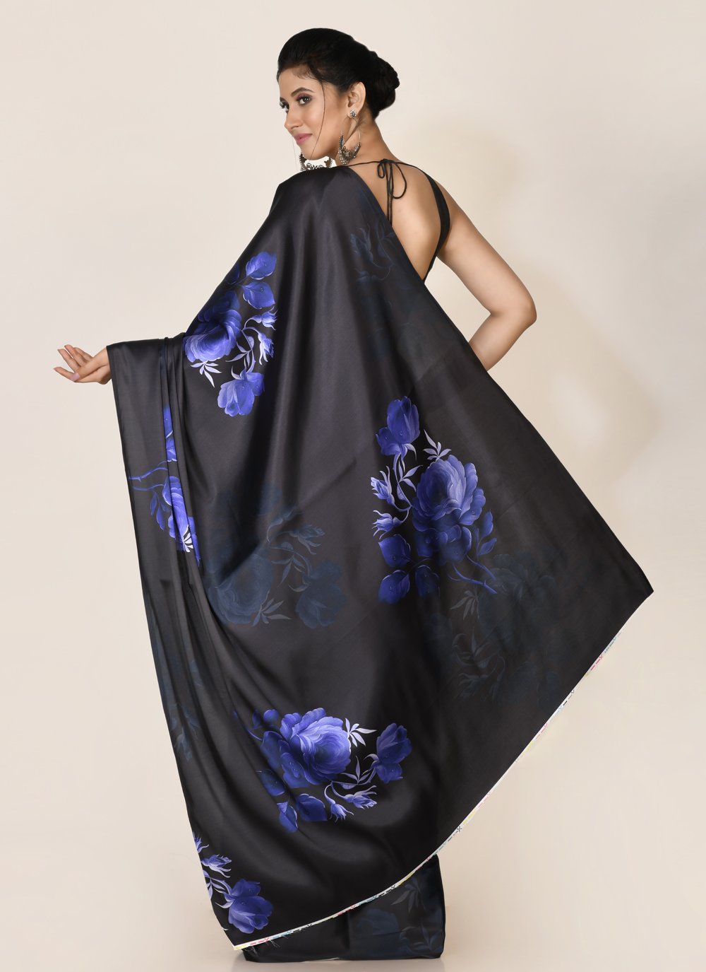 Designer Satin Black Violet Digital Print Saree