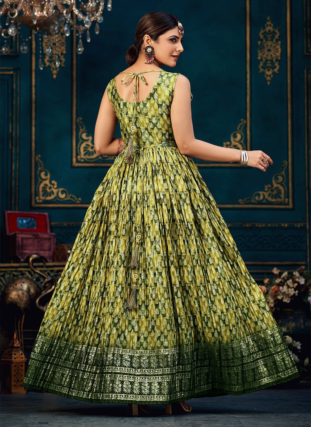 Gown Chinon Silk Green Digital Print Gown