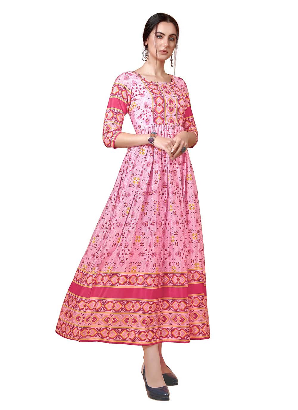 Party Wear Kurti Chinon Pink Digital Print Kurtis