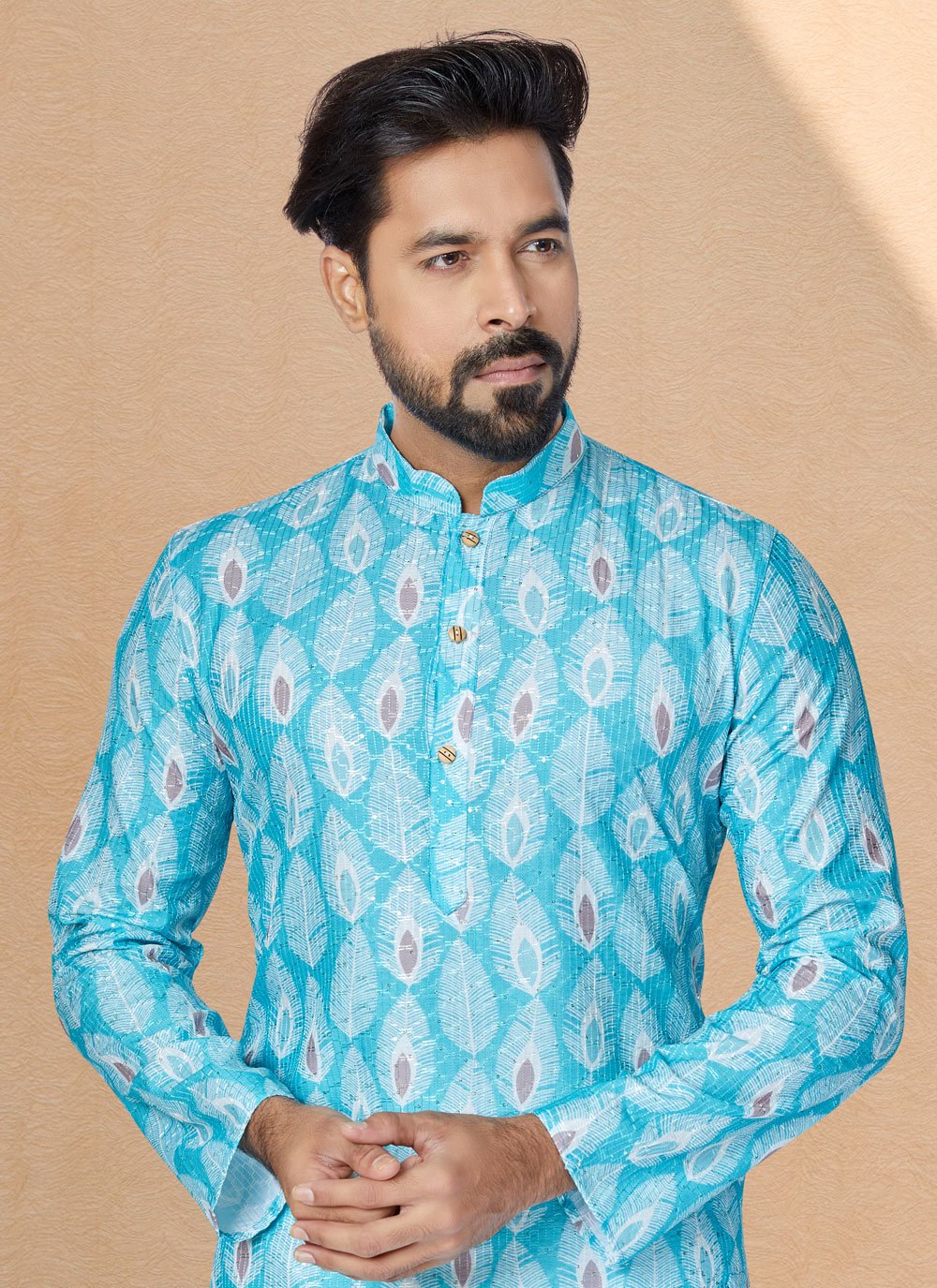 Kurta Pyjama Fancy Fabric Multi Colour Turquoise Digital Print Mens