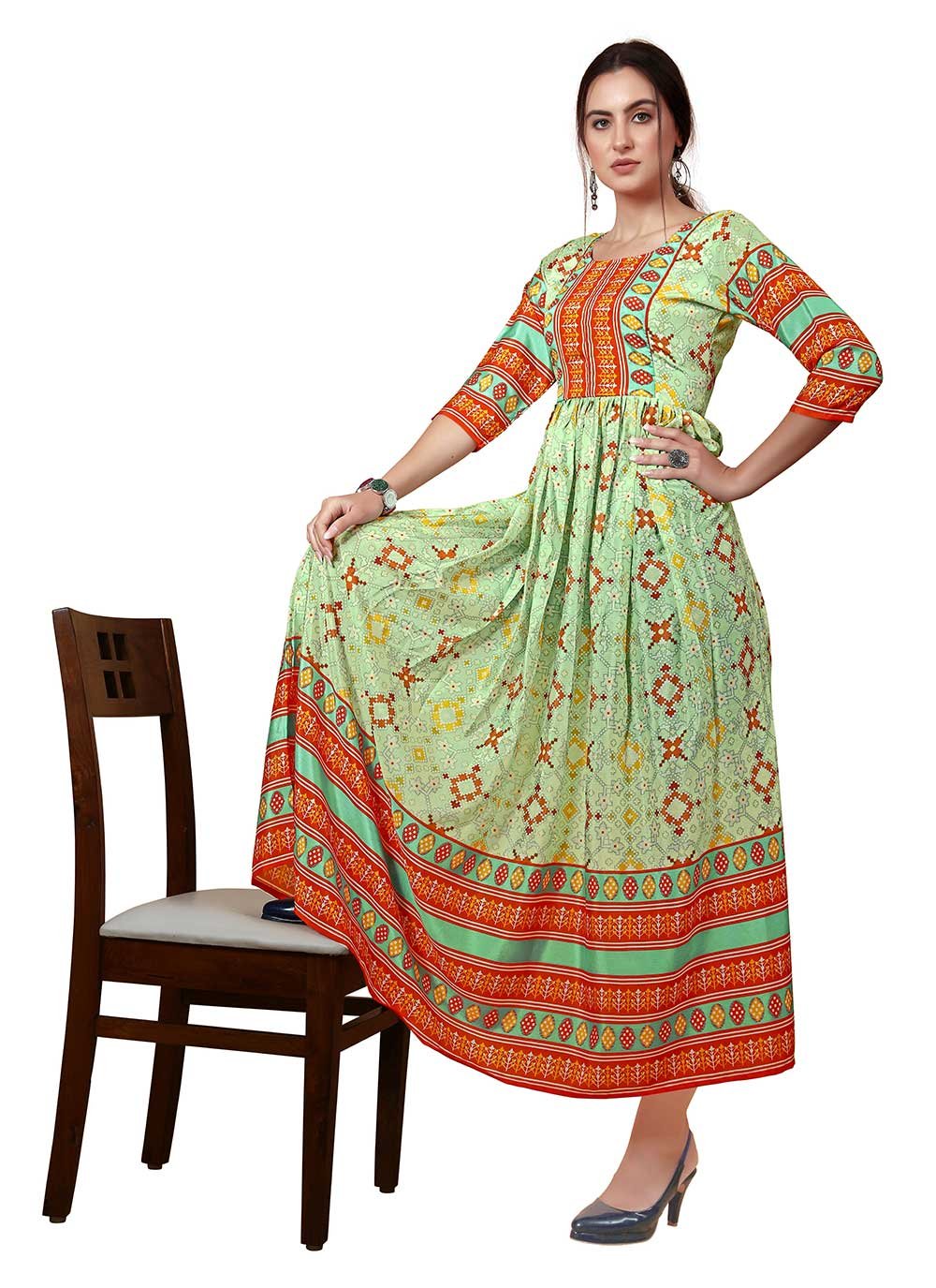 Designer Kurti Chinon Green Digital Print Kurtis