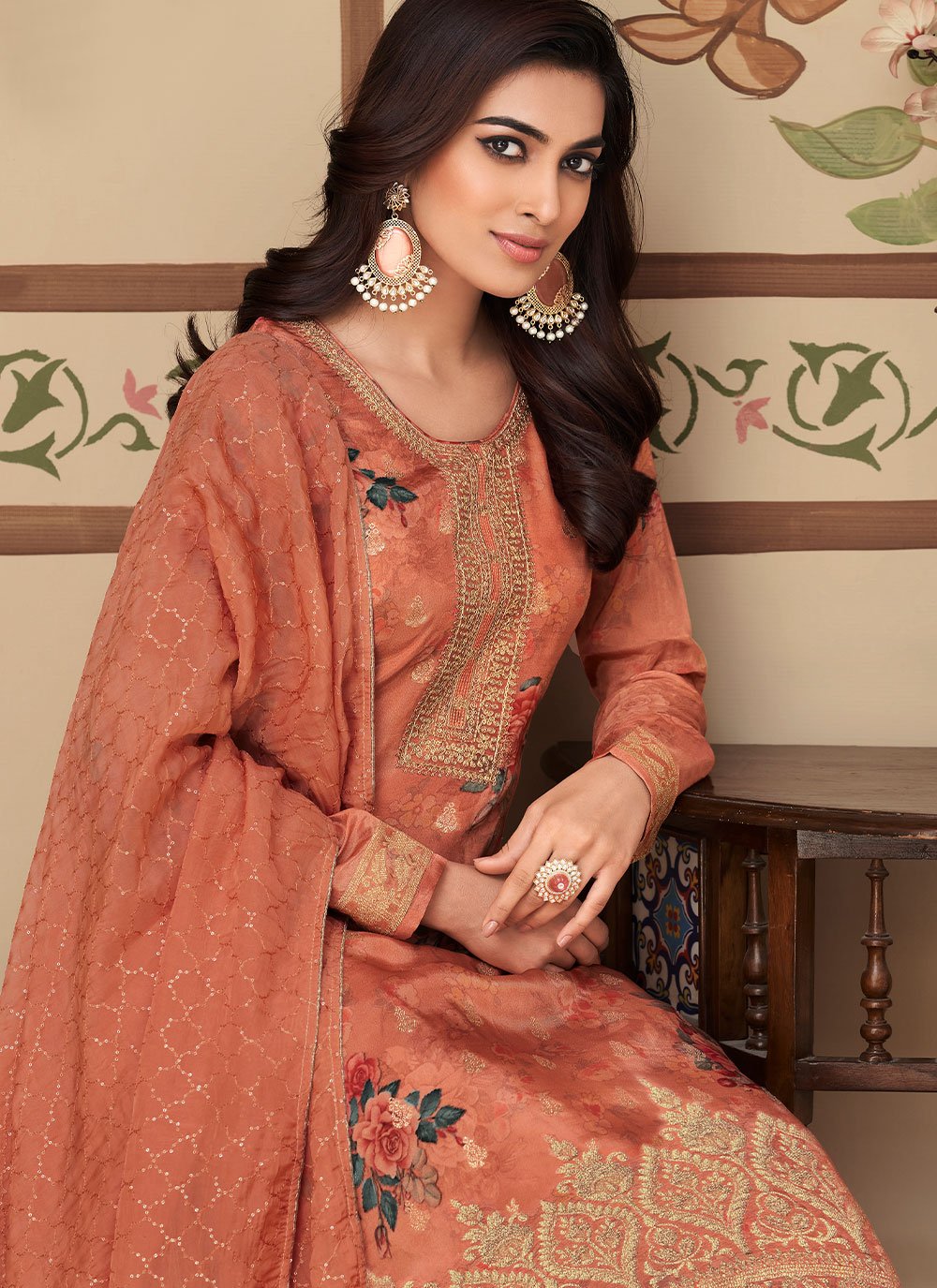 Salwar Suit Jacquard Silk Peach Digital Print Salwar Kameez