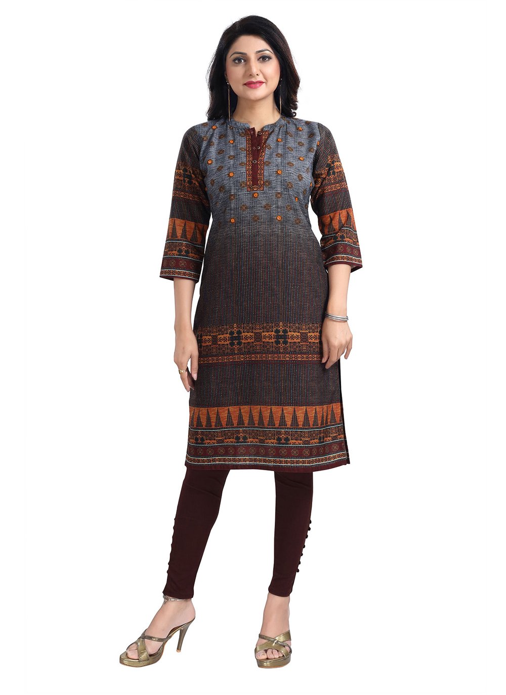 Designer Kurti Blended Cotton Brown Digital Print Kurtis