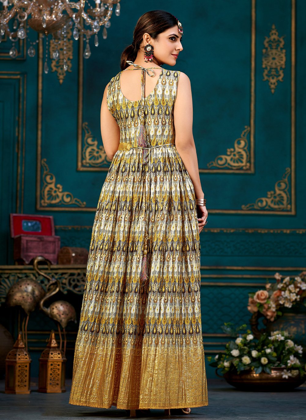 Designer Gown Chinon Silk Mustard Digital Print Gown