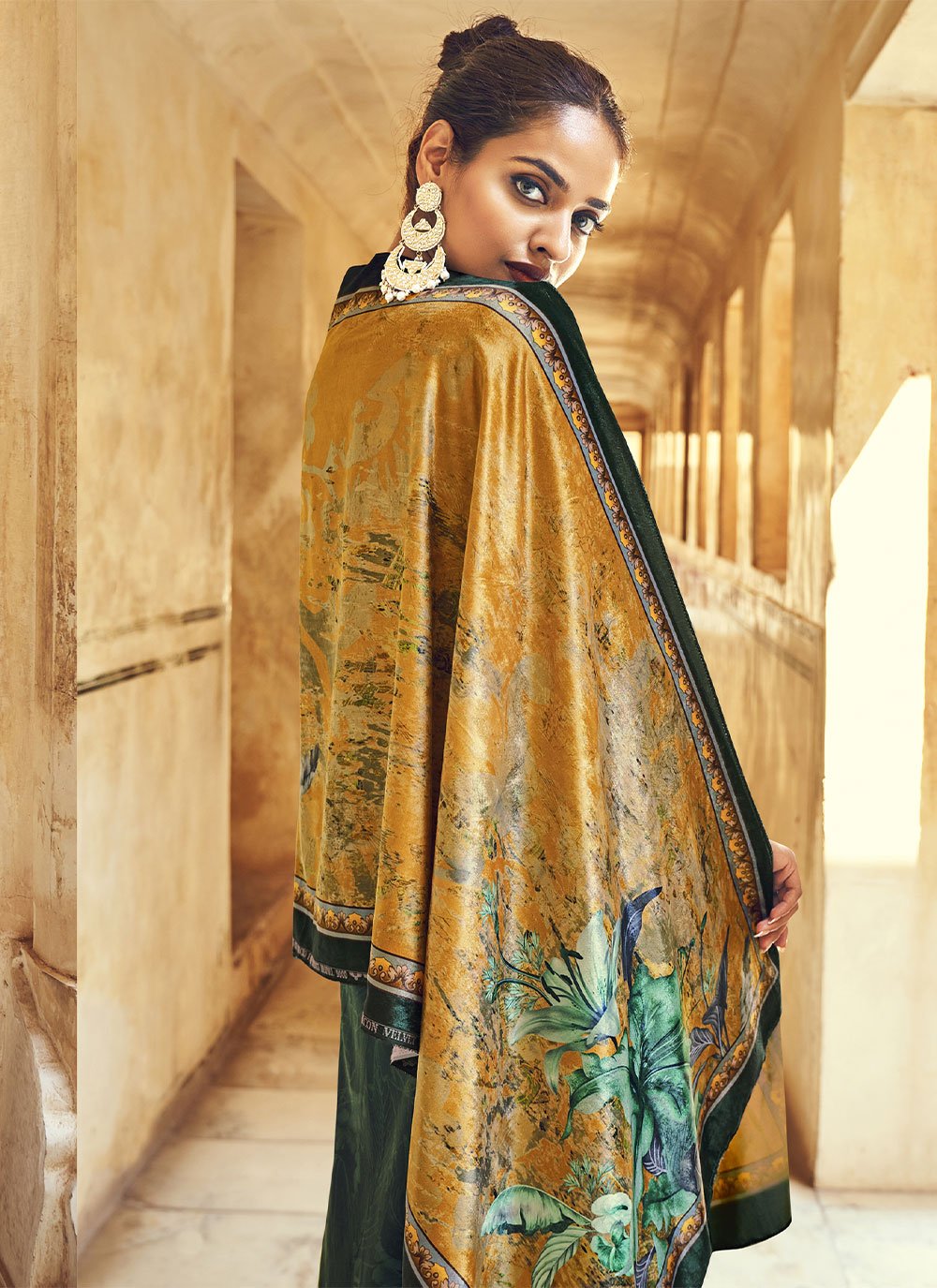 Palazzo Salwar Suit Velvet Green Digital Print Salwar Kameez