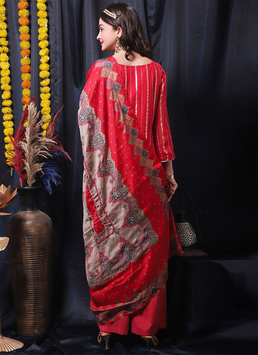 Palazzo Salwar Suit Pure Georgette Red Digital Print Salwar Kameez