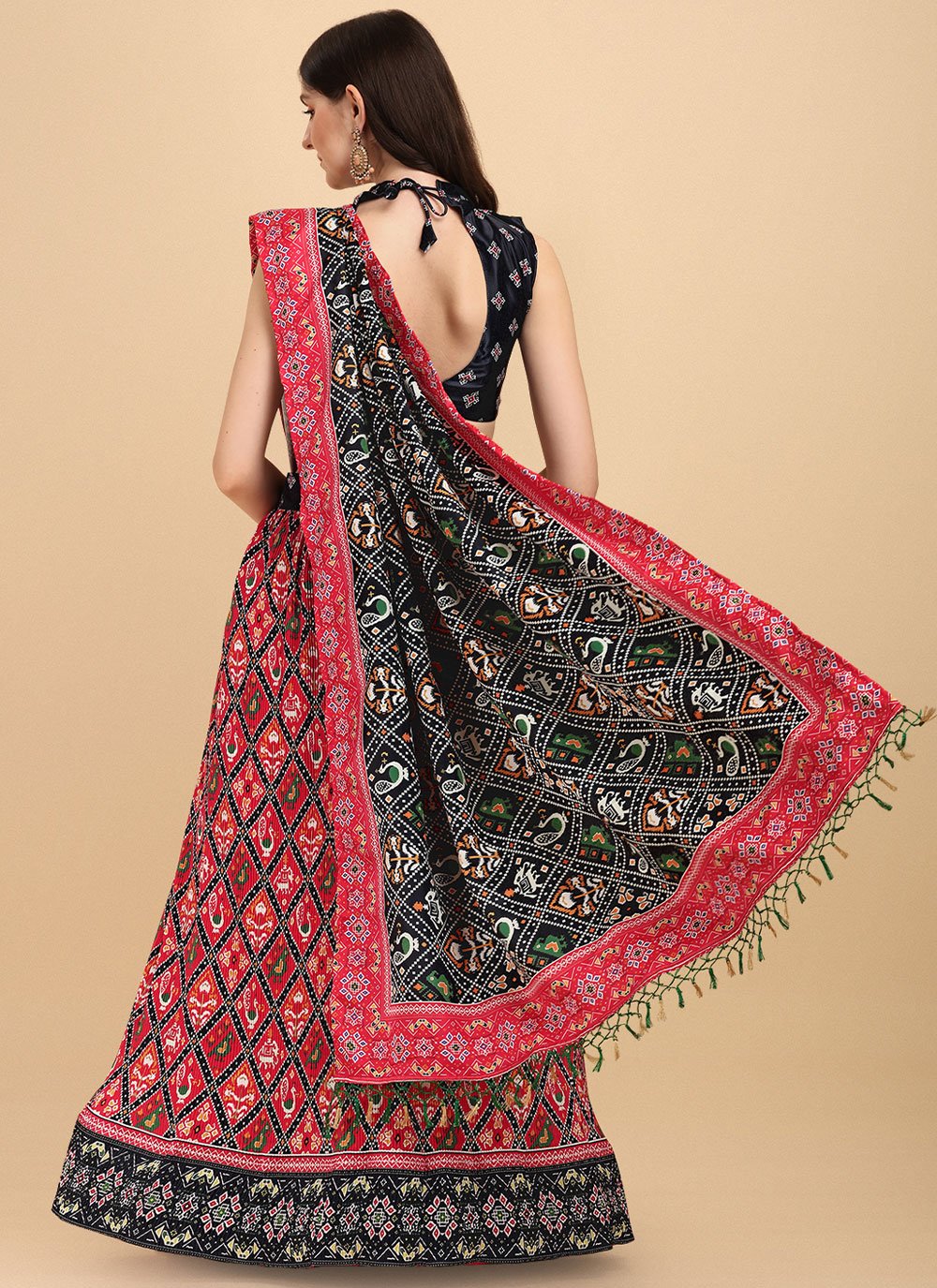 A Line Lehenga Satin Black Pink Digital Print Lehenga Choli