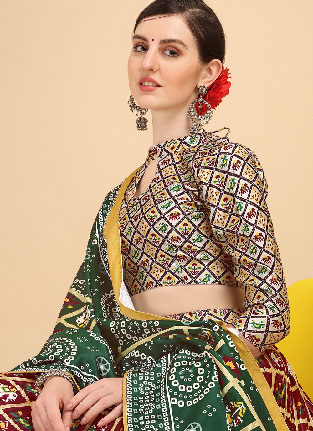 Lehenga Choli Satin Maroon Digital Print Lehenga Choli