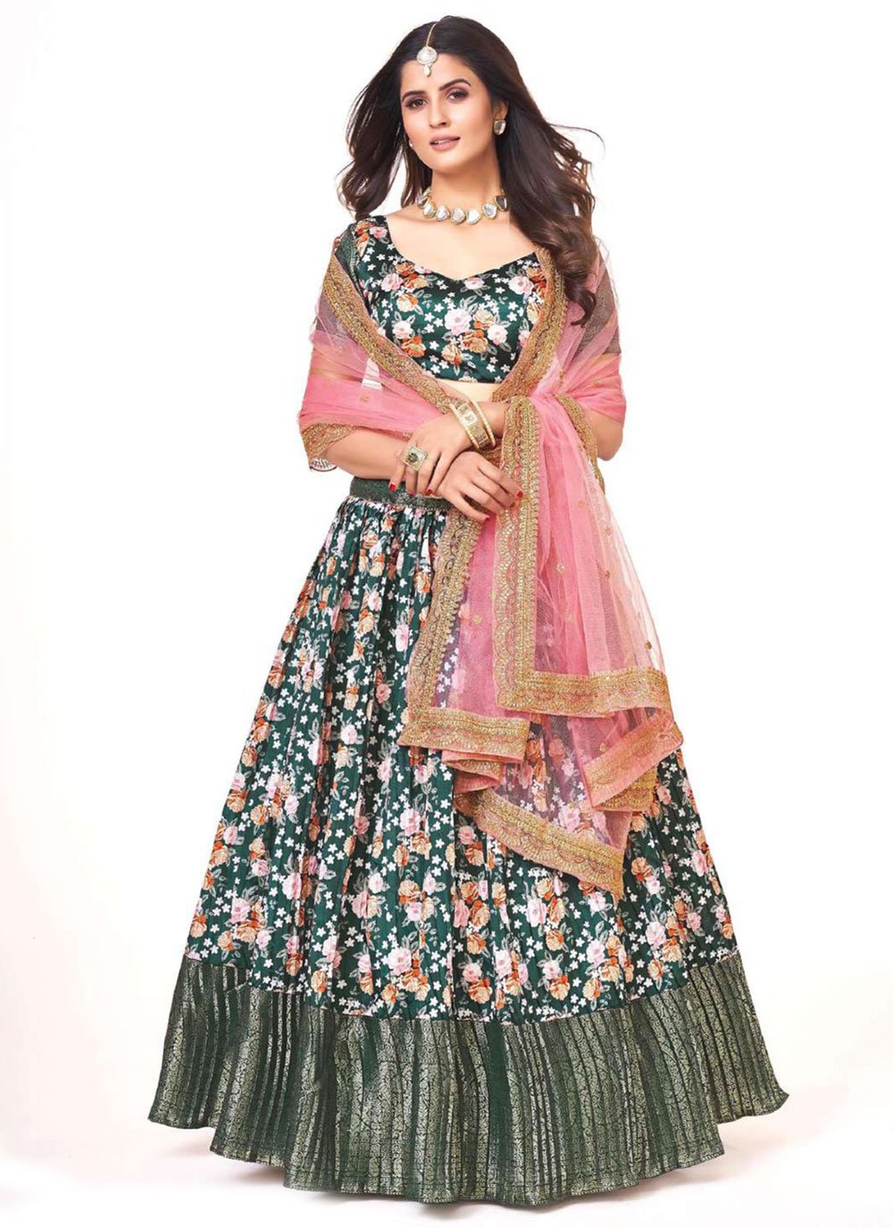A Line Lehenga Silk Green Digital Print Lehenga Choli