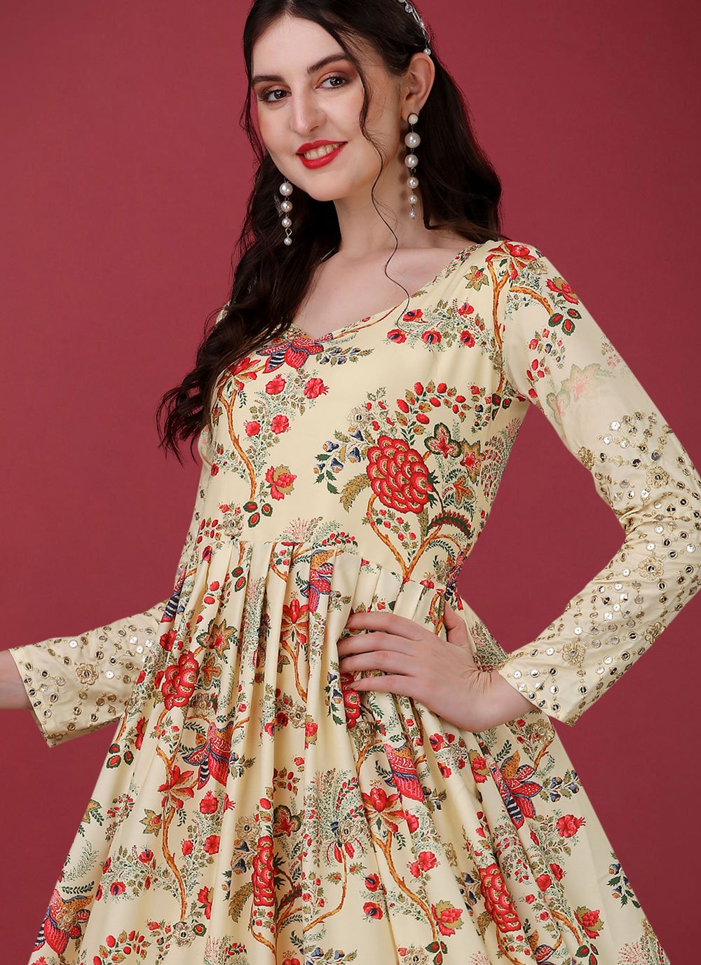 Designer Gown Silk Cream Digital Print Gown