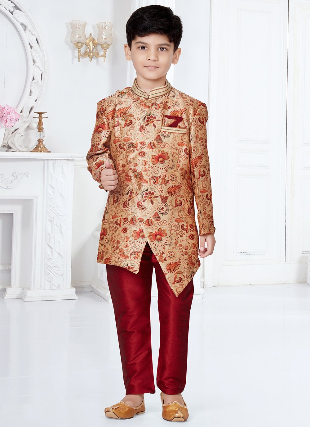 Indo Western Sherwani Jacquard Beige Maroon Digital Print Kids