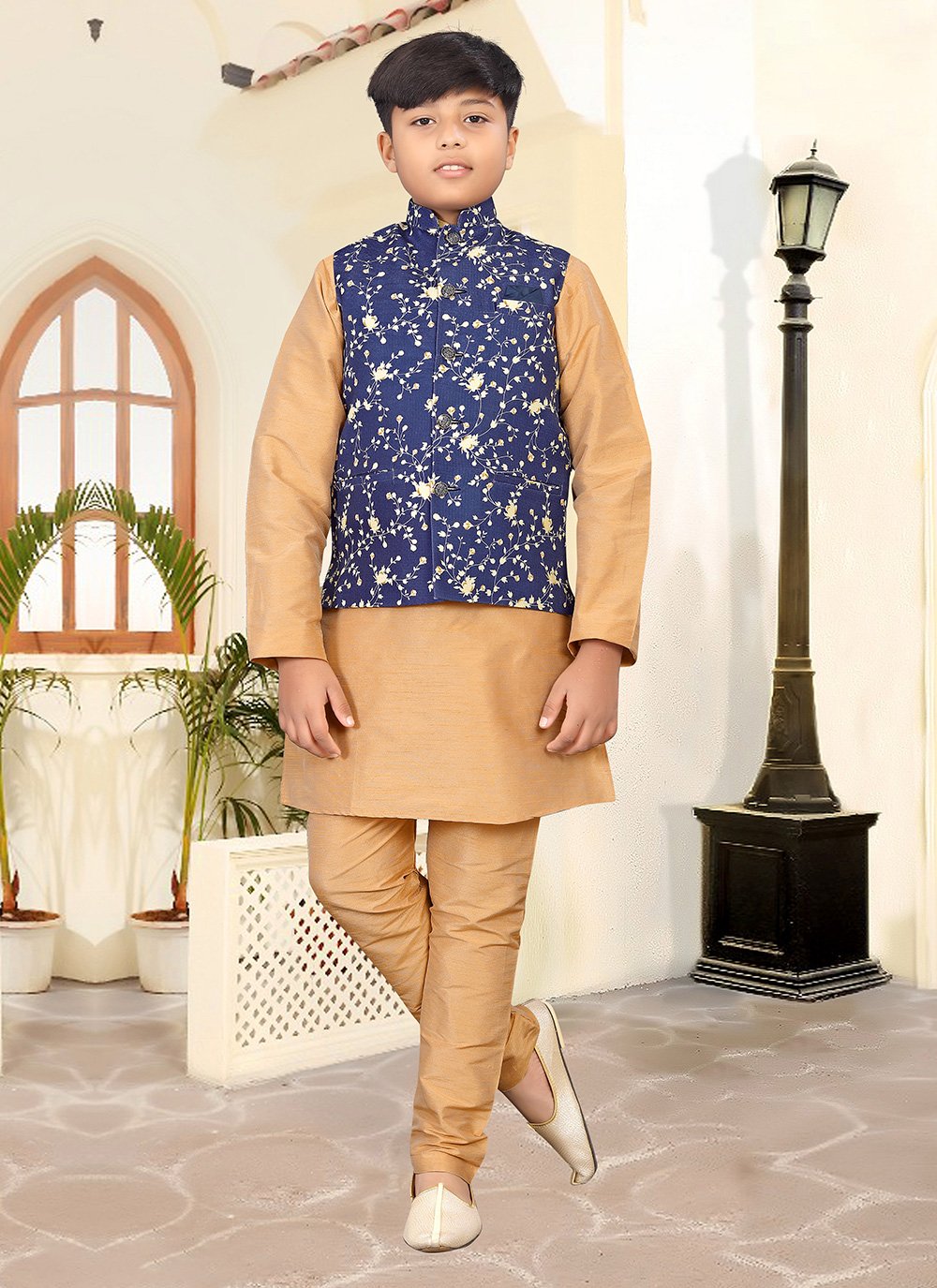 Kurta Payjama With Jacket Jute Silk Beige Blue Digital Print Kids