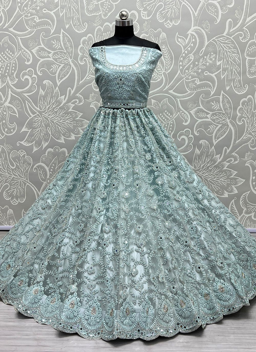 Lehenga Choli Net Aqua Blue Diamond Lehenga Choli