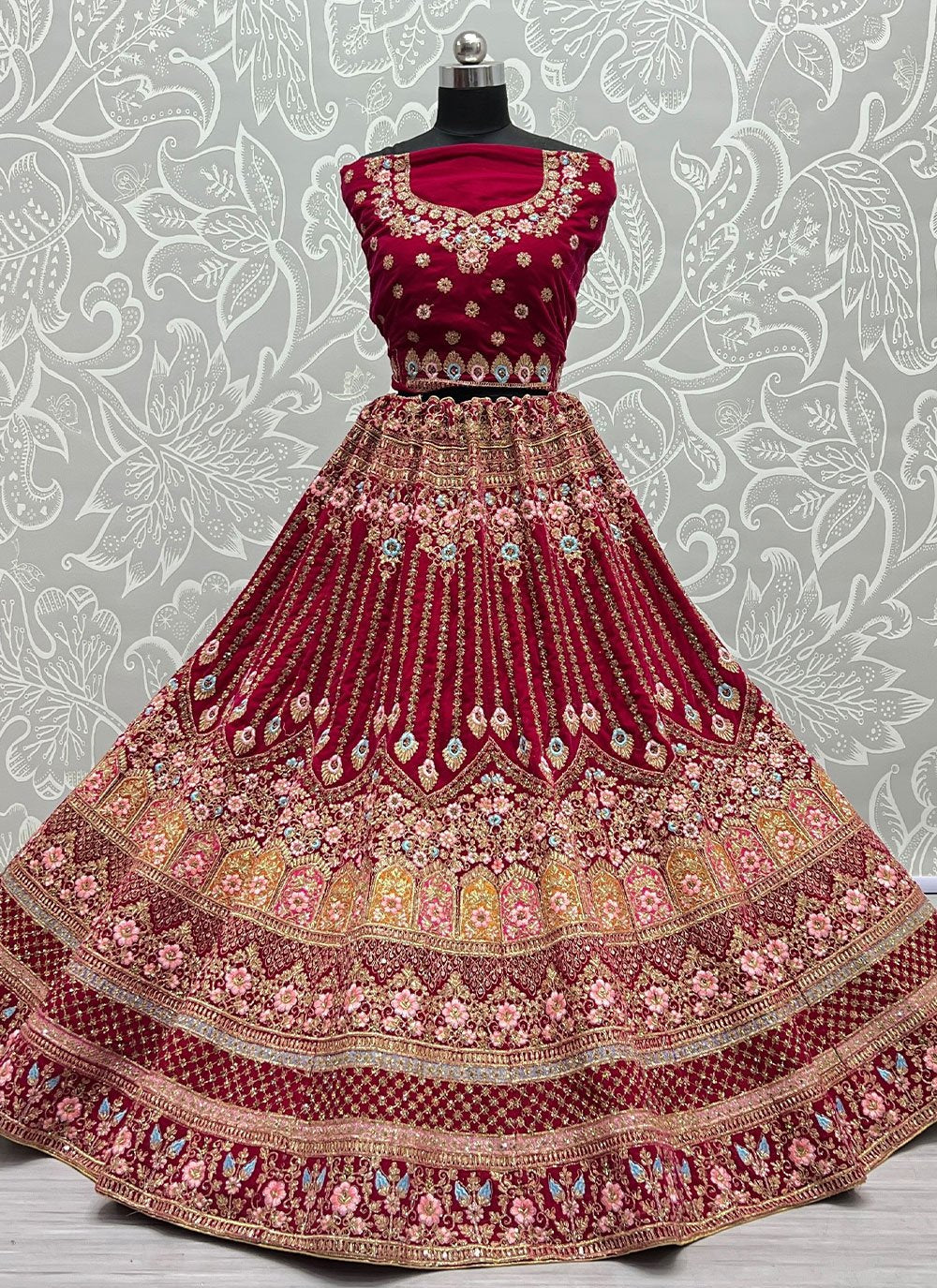 A Line Lehenga Velvet Rani Dori Work Lehenga Choli