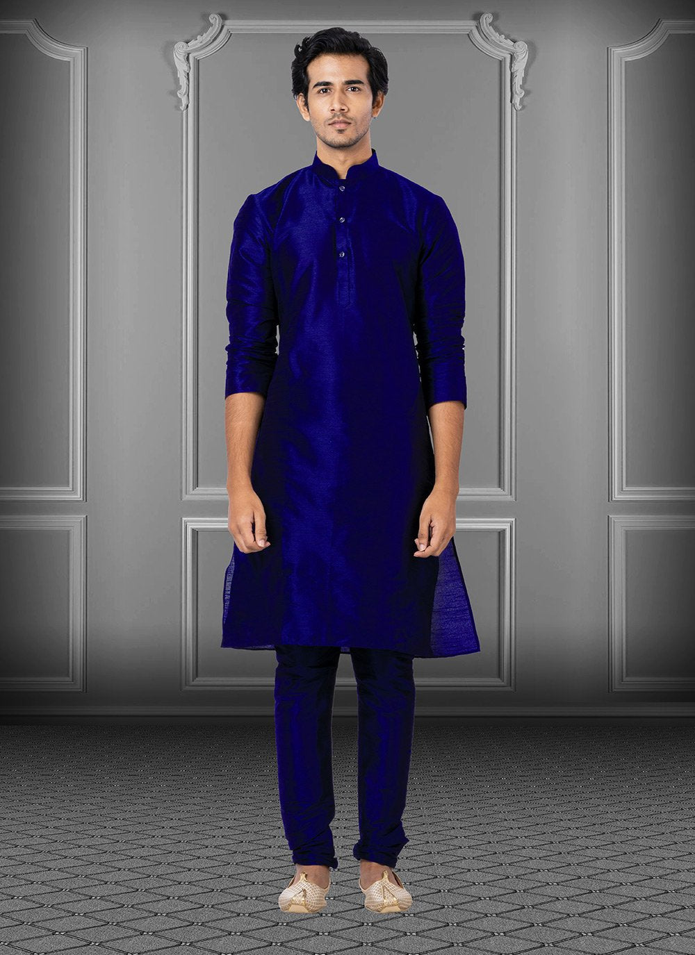 Kurta Pyjama Dupion Silk Blue Plain Mens