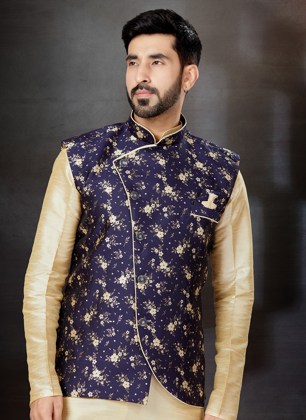 Kurta Payjama With Jacket Dupion Silk Jacquard Blue Cream Embroidered Mens