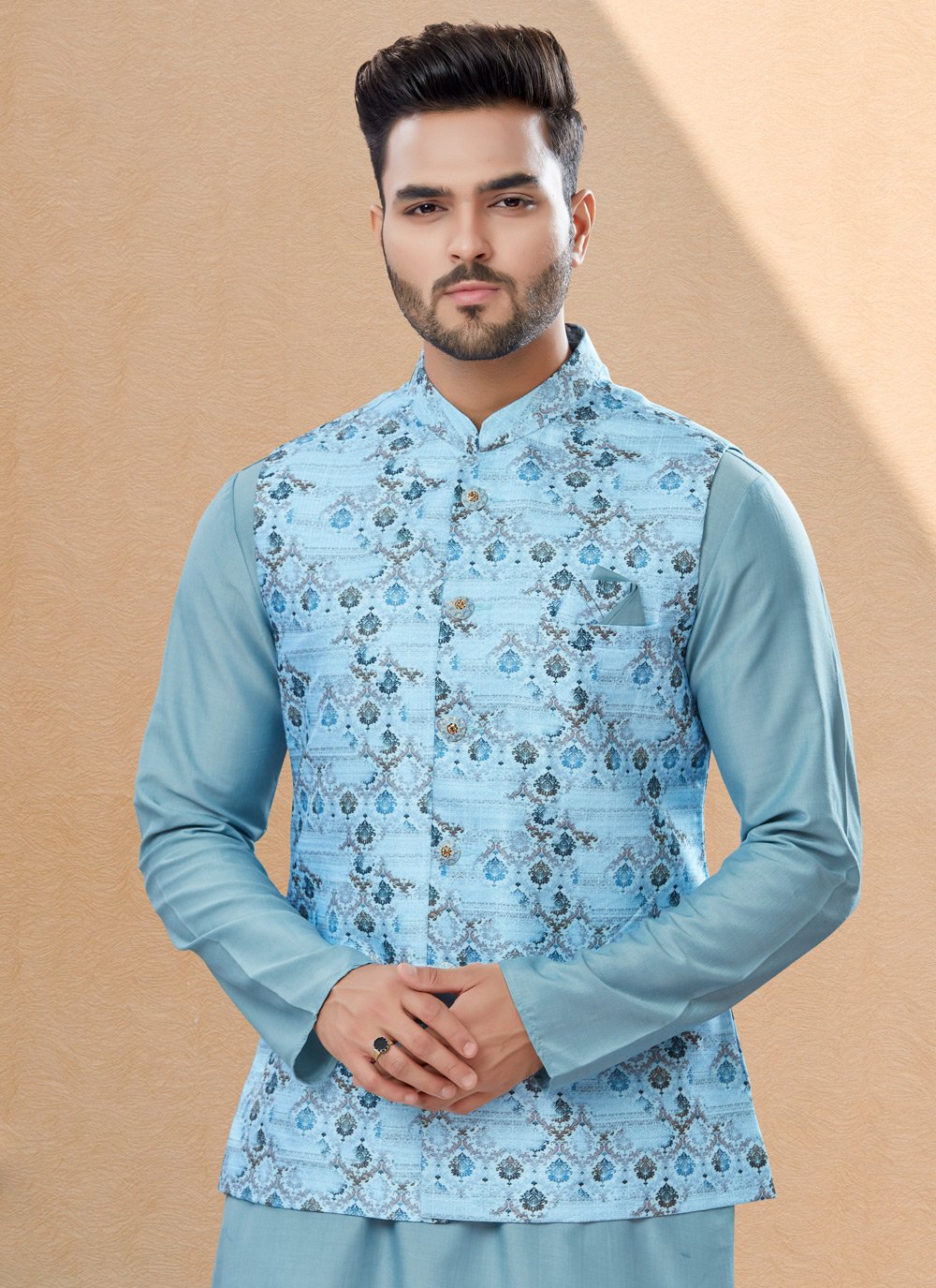 Kurta Payjama With Jacket Dupion Silk Jacquard Aqua Blue Digital Print Mens