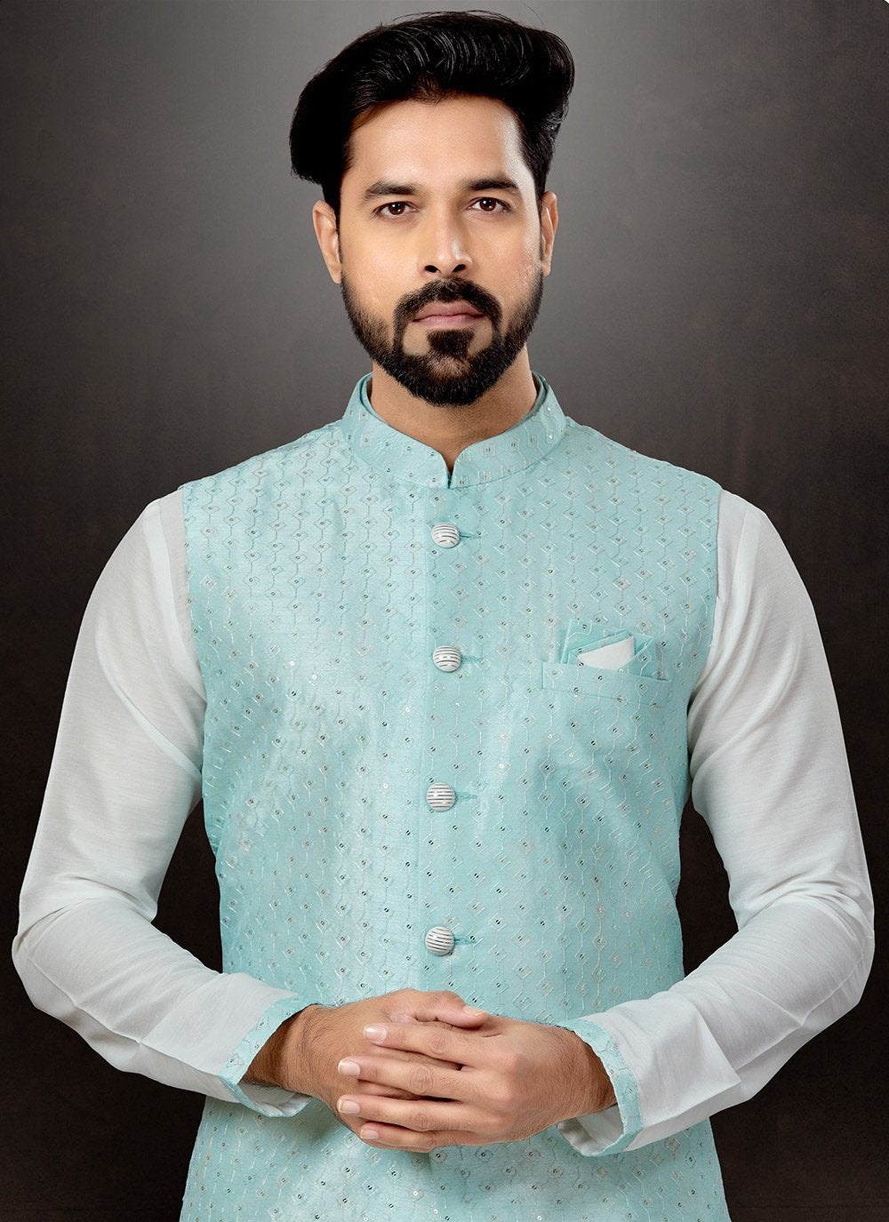 Kurta Payjama With Jacket Dupion Silk Jacquard Firozi Off White Embroidered Mens