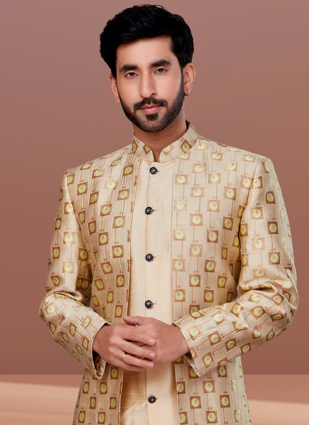 Indo Western Dupion Silk Jacquard Beige Cream Embroidered Mens