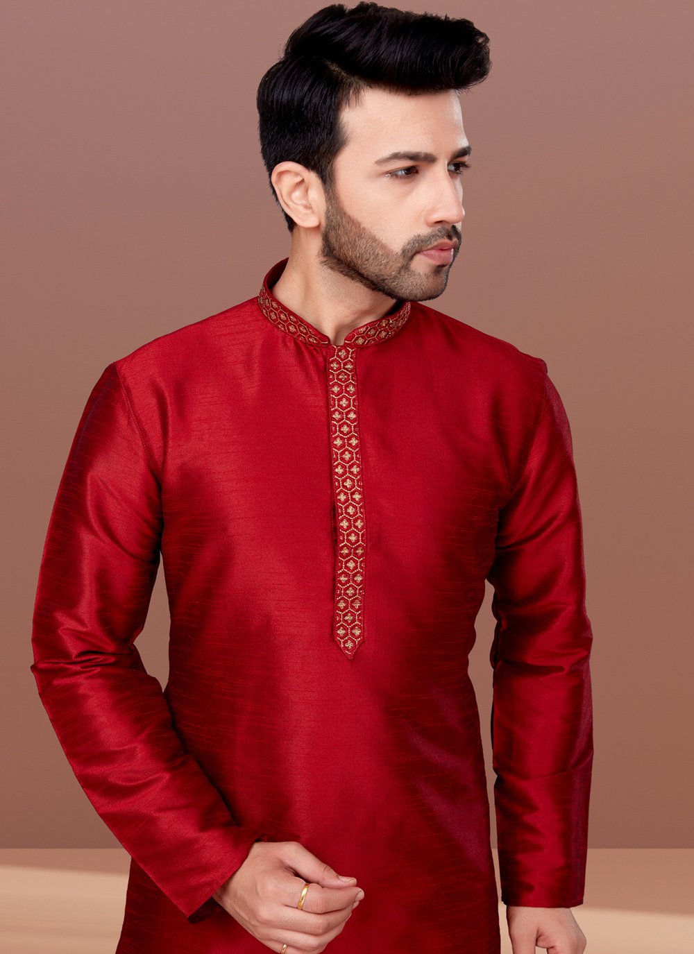 Kurta Pyjama Dupion Silk Red Embroidered Mens
