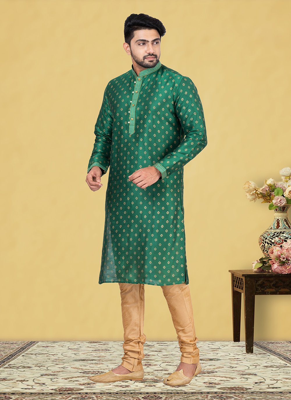 Kurta Pyjama Dupion Silk Green Fancy Work Mens