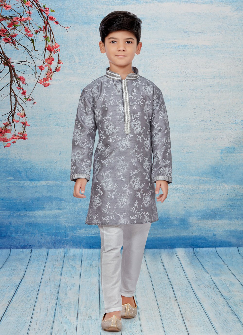Kurta Pyjama Dupion Silk Grey Print Kids