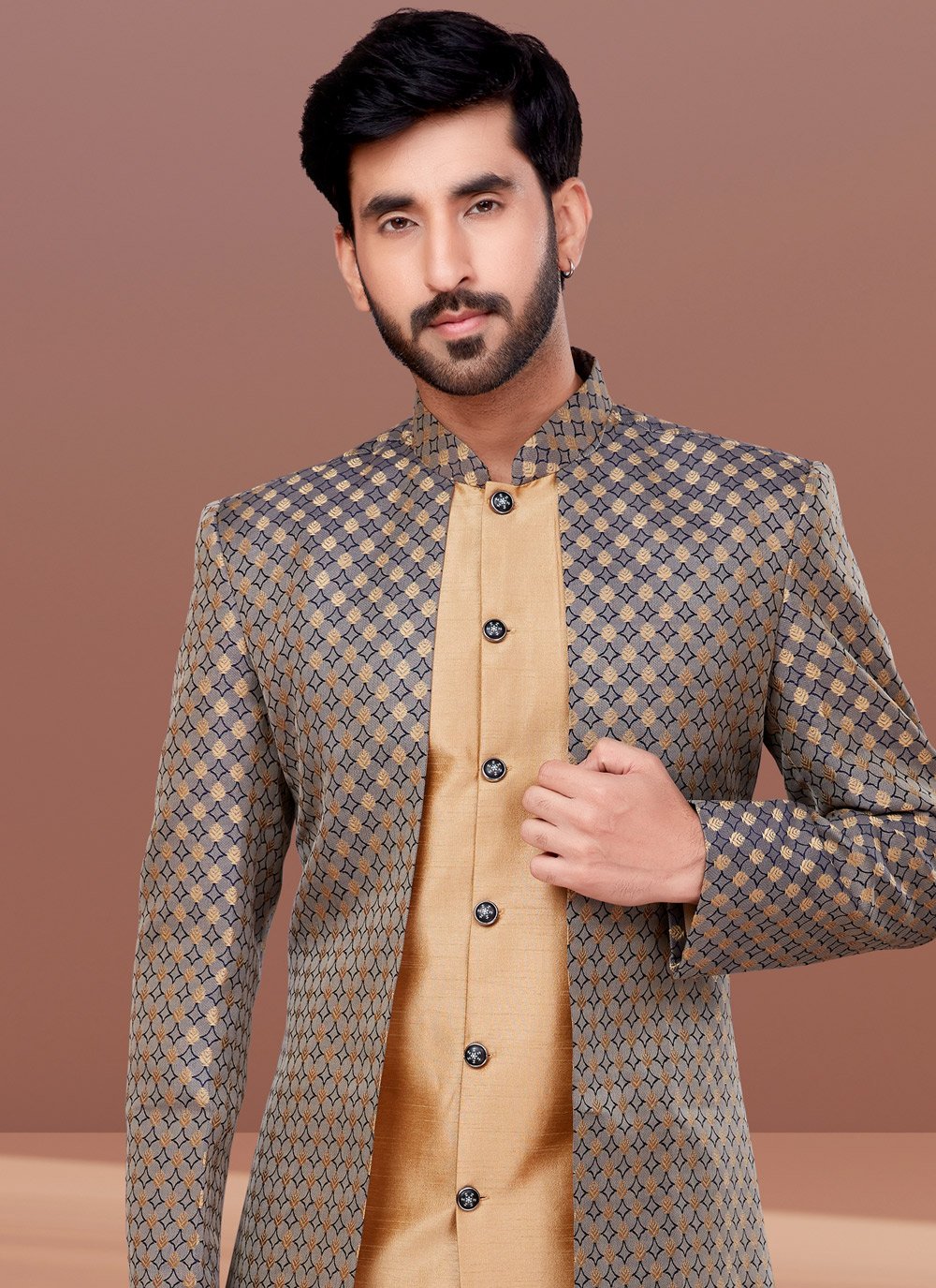 Indo Western Dupion Silk Jacquard Beige Grey Embroidered Mens